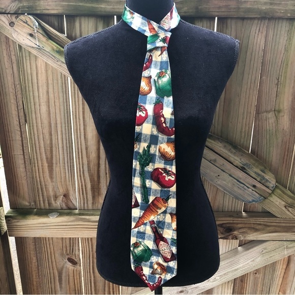 Vintage Tabasco Blue & White Checked Silk Necktie with Veggies & Spicy Hot Sauce - Picture 1 of 8